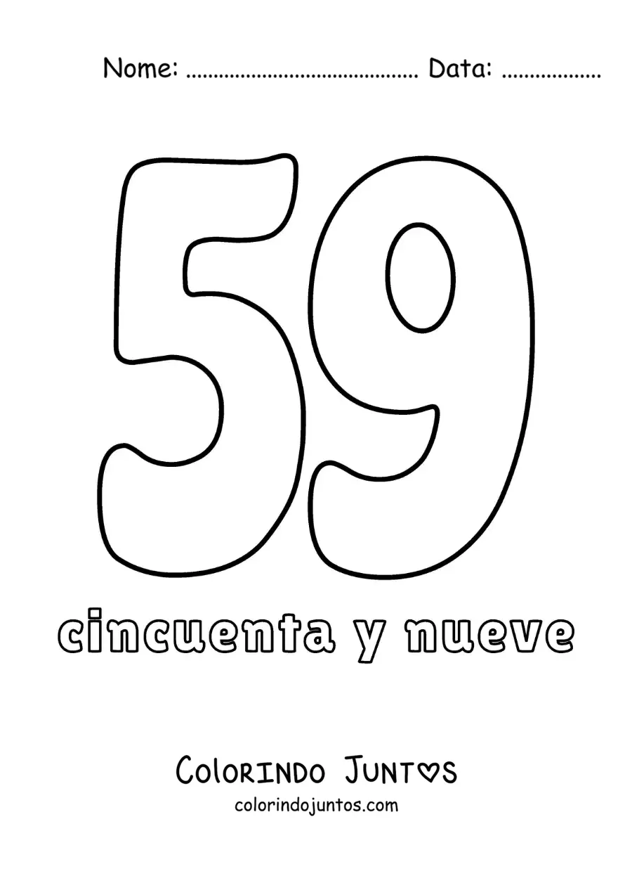 Desenho para colorir de ficha do número 59 para aprender os números naturais