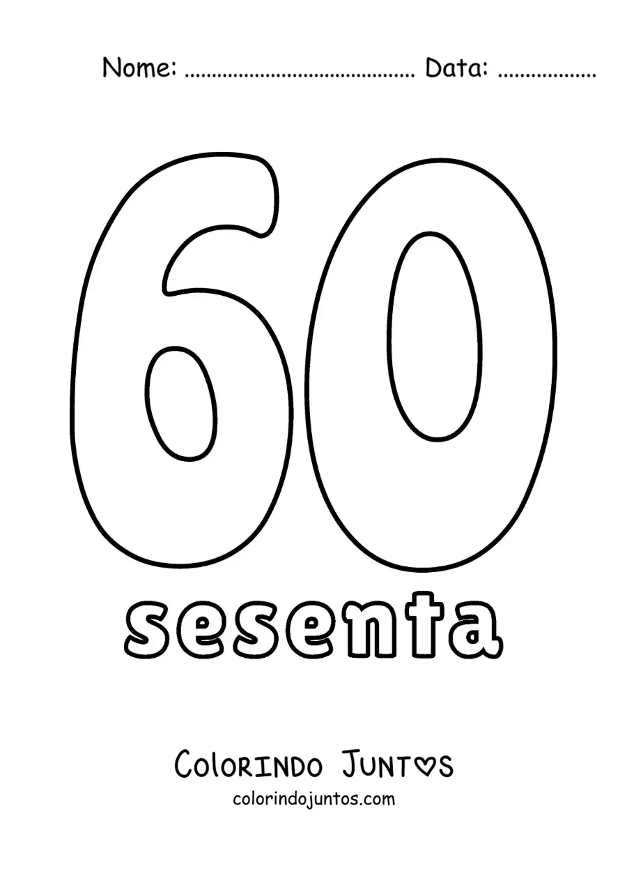 Desenho para colorir de ficha do número 60 para aprender os números naturais