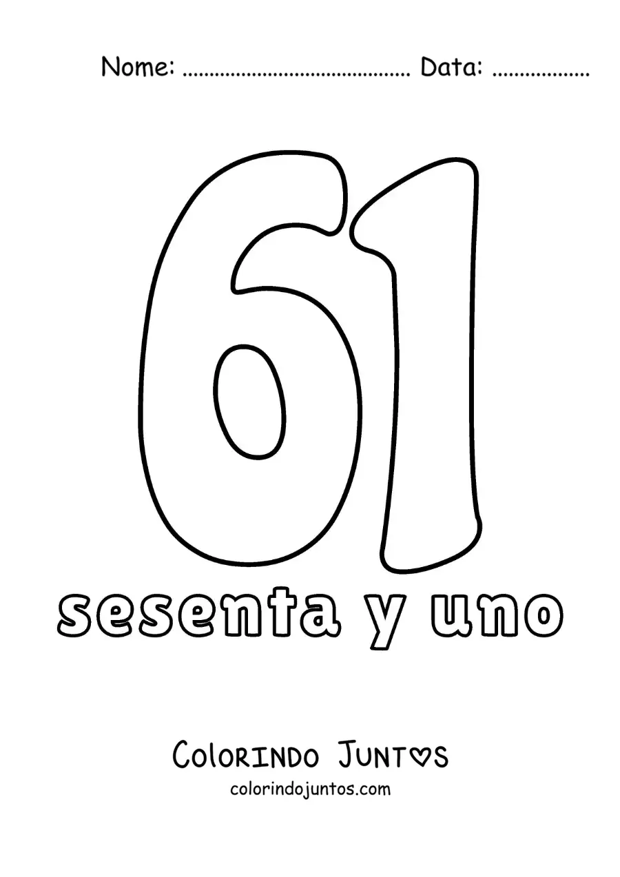 Desenho para colorir de ficha do número 61 para aprender os números naturais