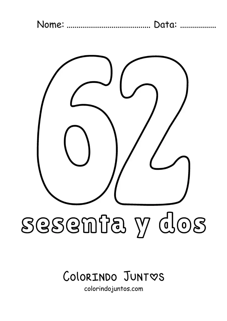 Desenho para colorir de ficha do número 62 para aprender os números naturais