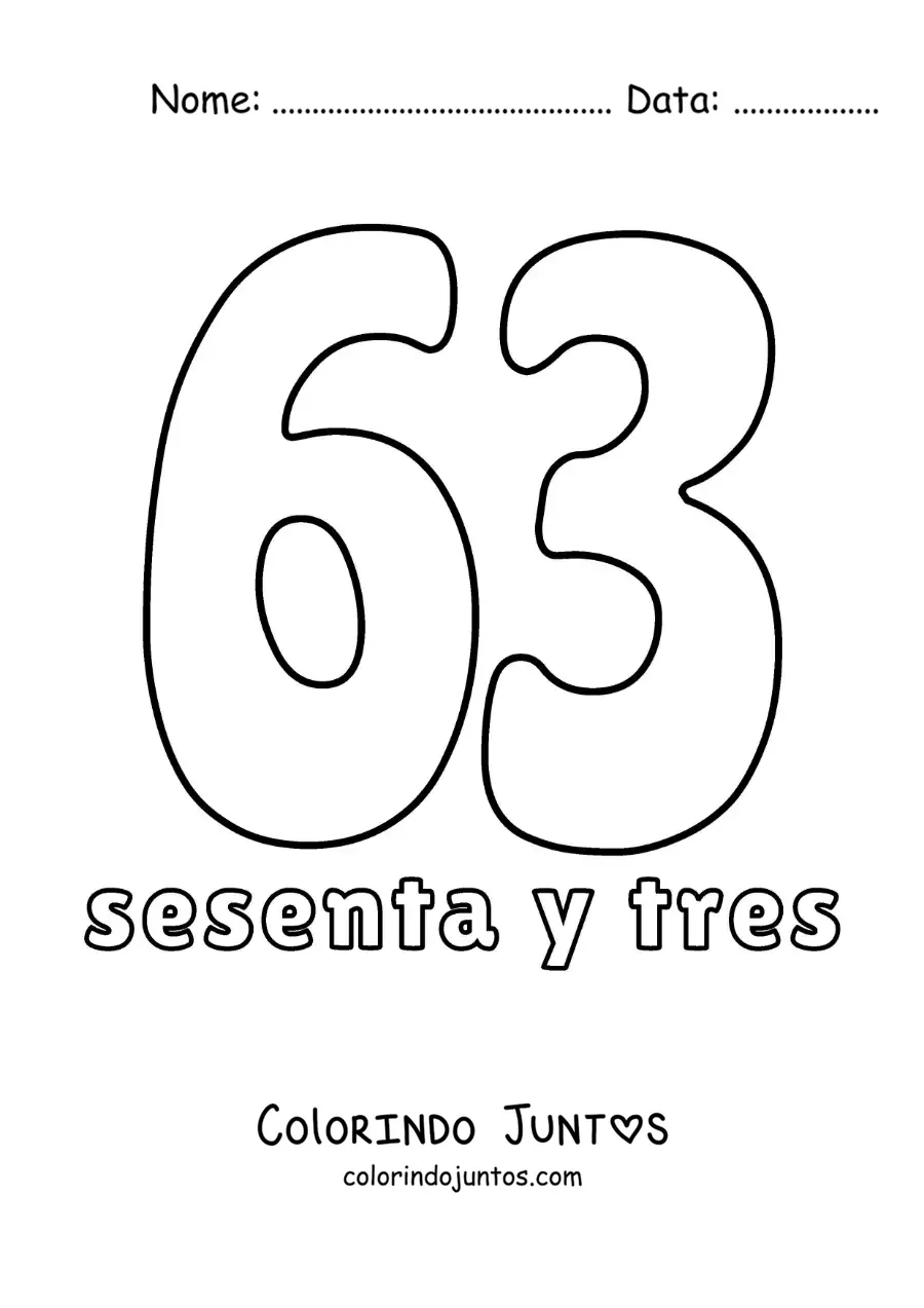 Desenho para colorir de ficha do número 63 para aprender os números naturais