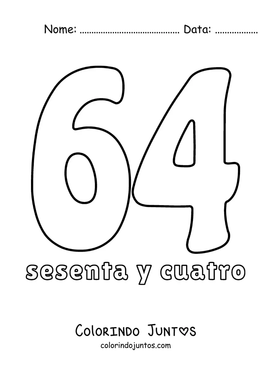 Desenho para colorir de ficha do número 64 para aprender os números naturais