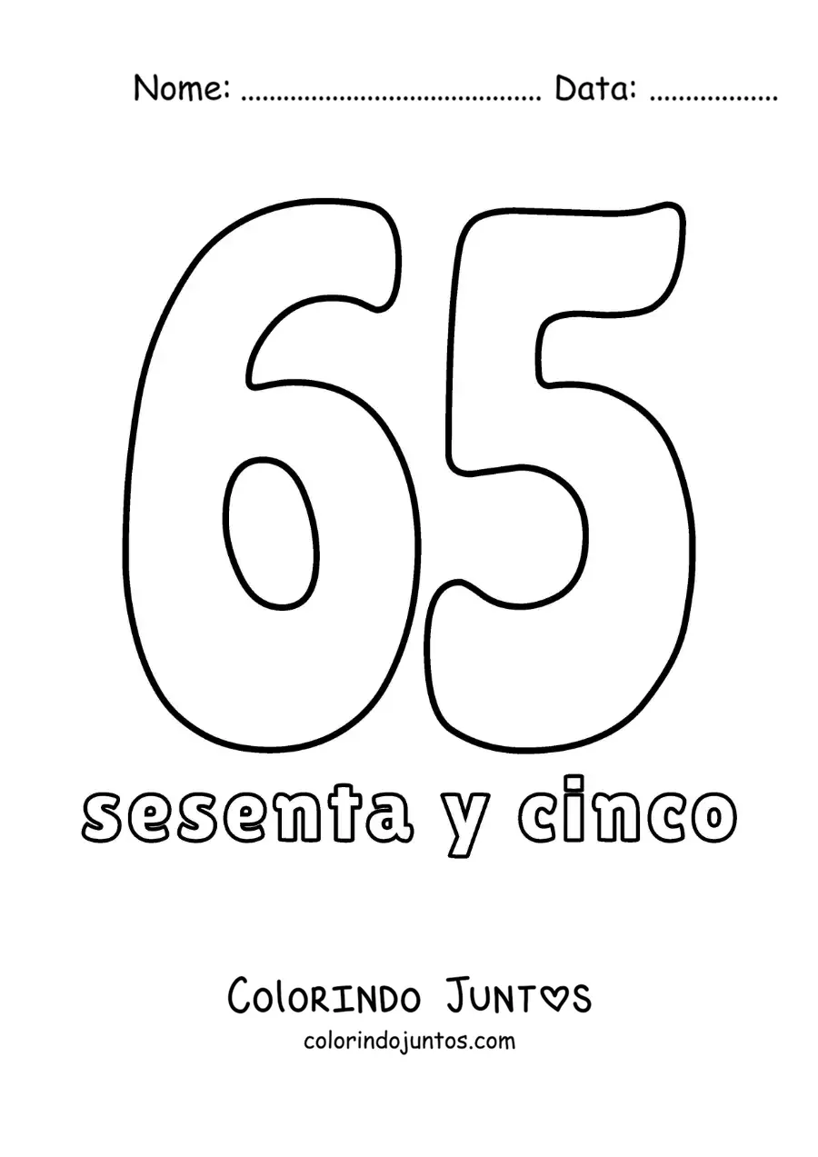 Desenho para colorir de ficha do número 65 para aprender os números naturais