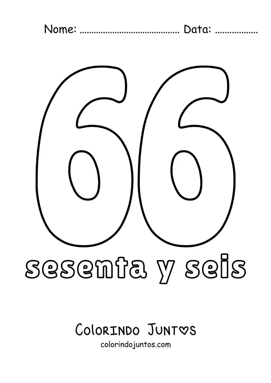Desenho para colorir de ficha do número 66 para aprender os números naturais