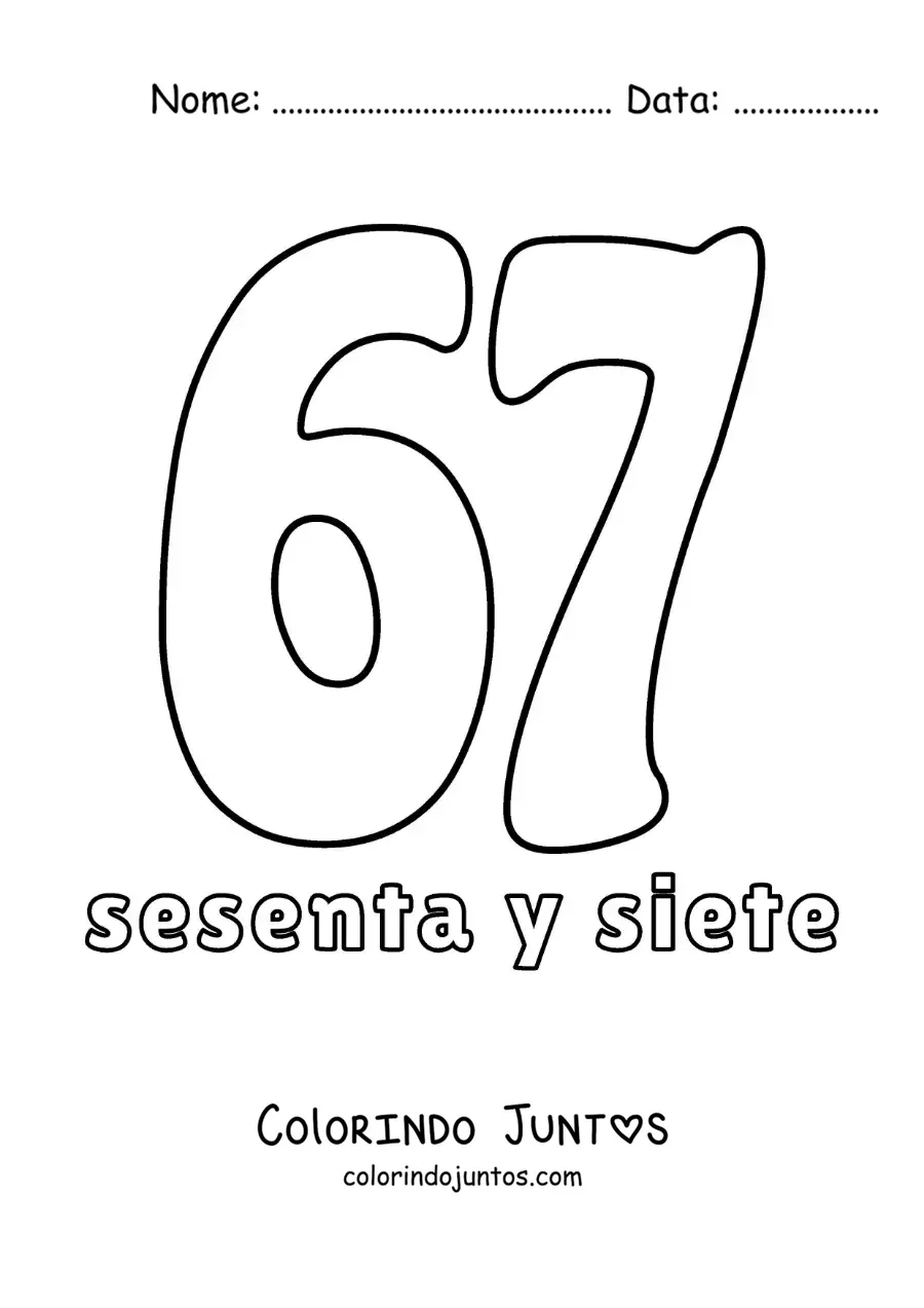 Desenho para colorir de ficha do número 67 para aprender os números naturais