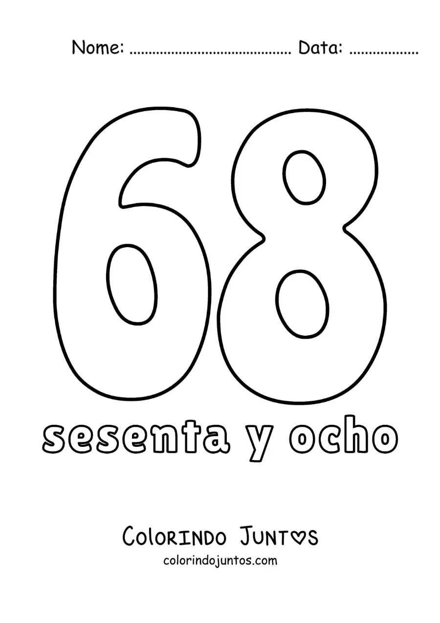 Desenho para colorir de ficha do número 68 para aprender os números naturais