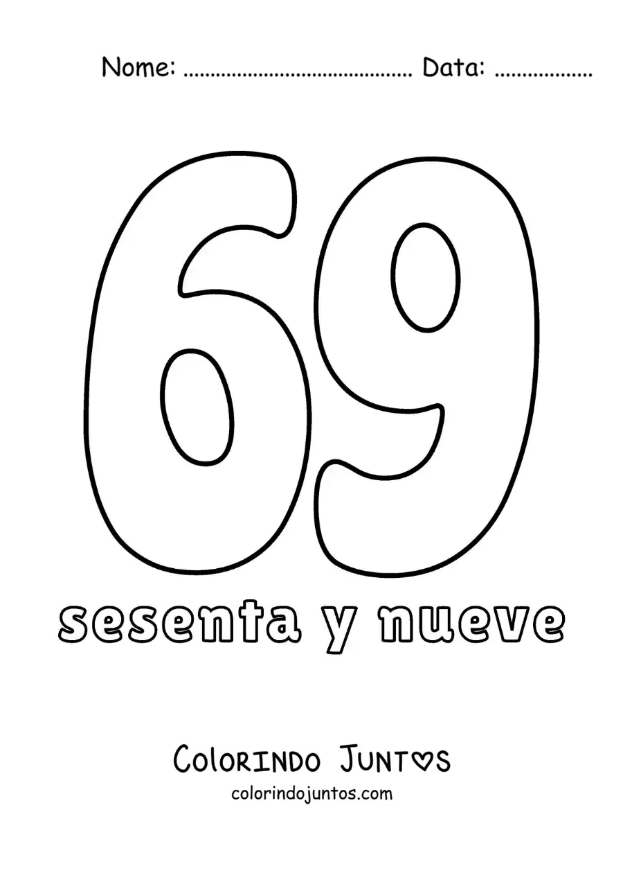 Desenho para colorir de ficha do número 69 para aprender os números naturais