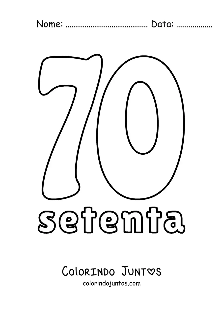 Desenho para colorir de ficha do número 70 para aprender os números naturais