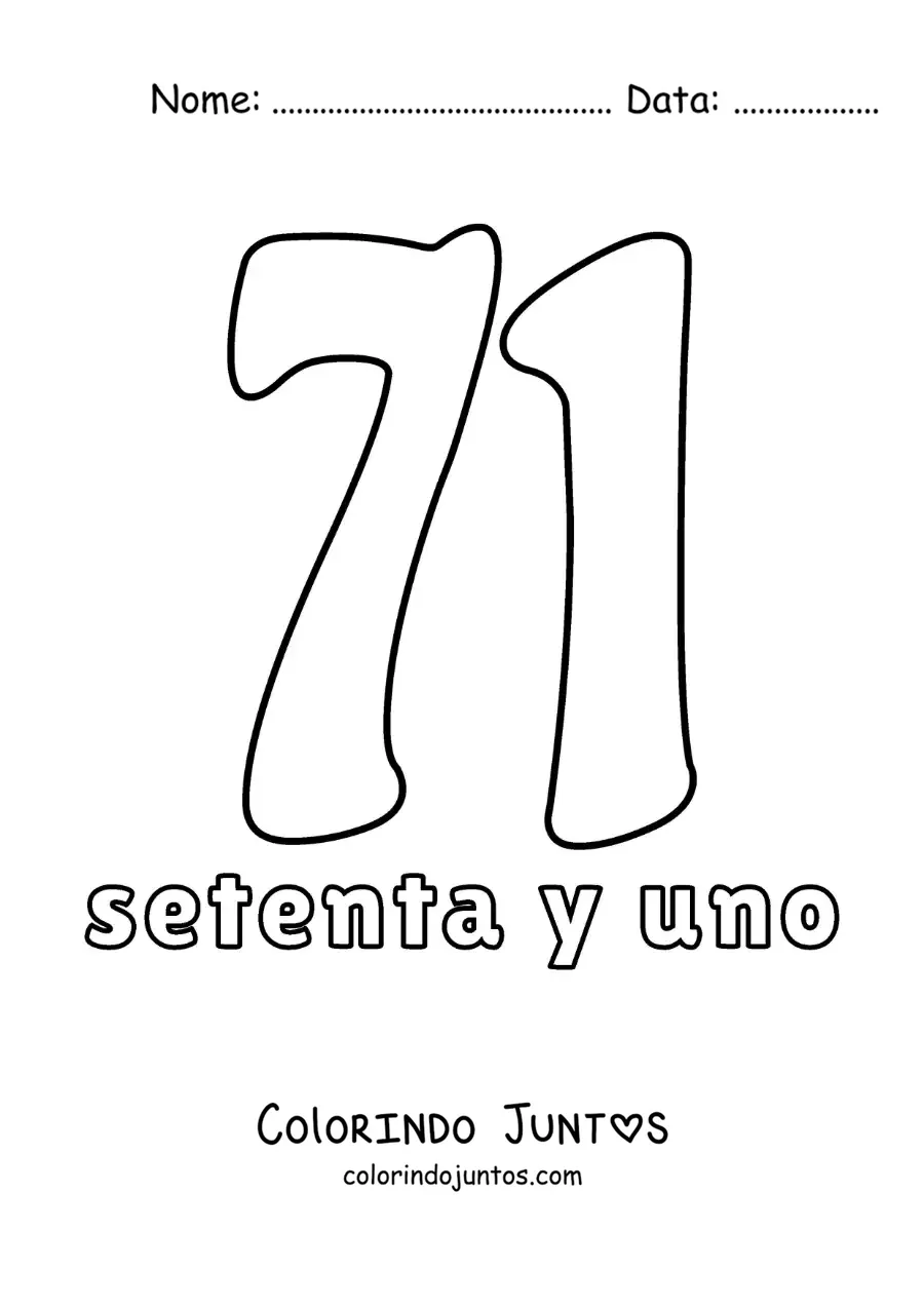 Desenho para colorir de ficha do número 71 para aprender os números naturais