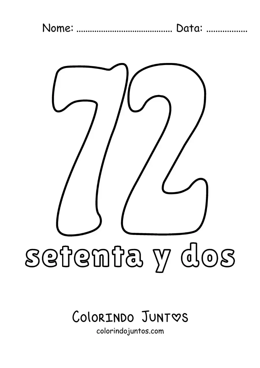 Desenho para colorir de ficha do número 72 para aprender os números naturais