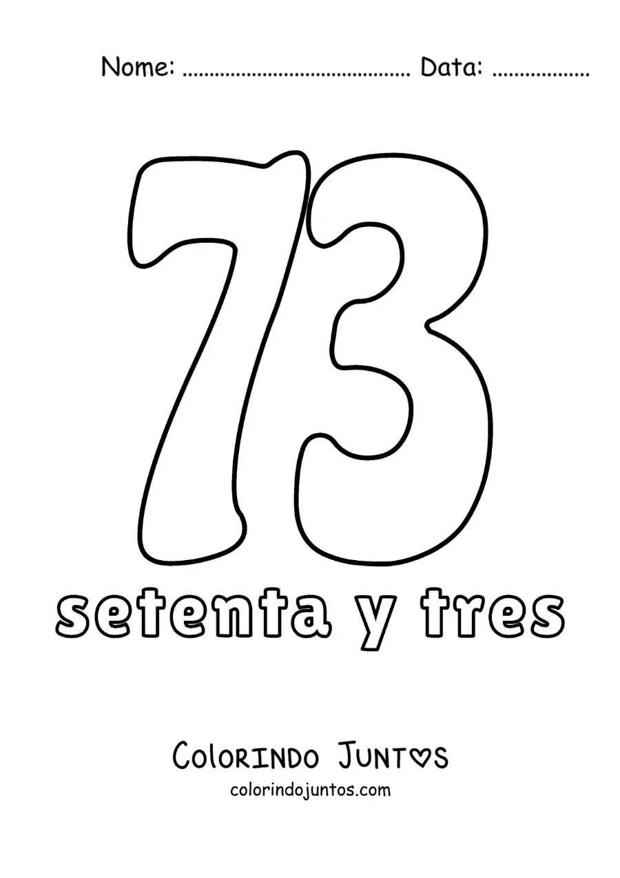 Desenho para colorir de ficha do número 73 para aprender os números naturais