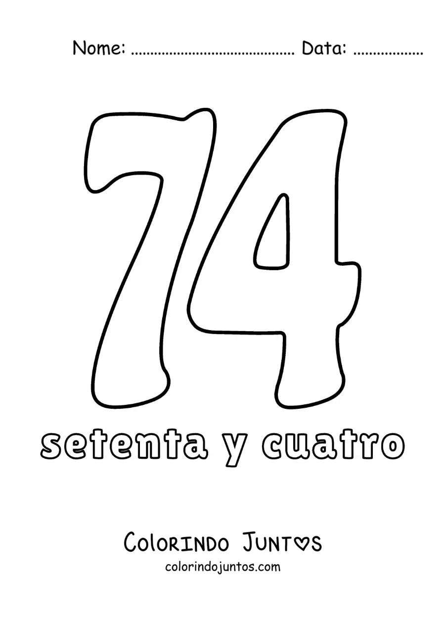 Desenho para colorir de ficha do número 74 para aprender os números naturais