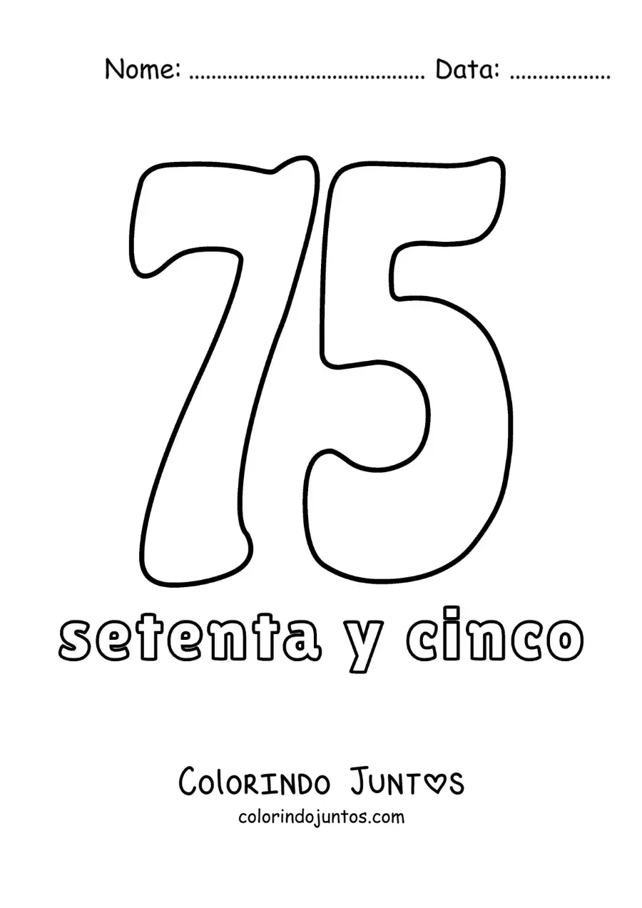 Desenho para colorir de ficha do número 75 para aprender os números naturais