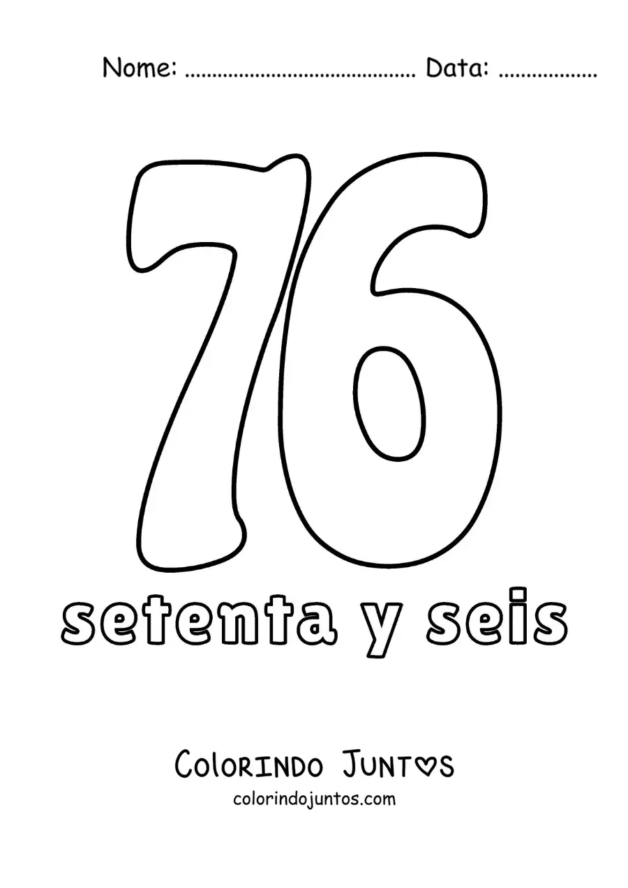 Desenho para colorir de ficha do número 76 para aprender os números naturais
