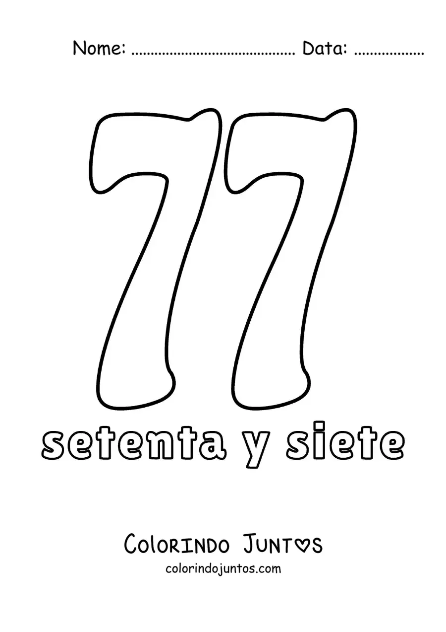 Desenho para colorir de ficha do número 77 para aprender os números naturais