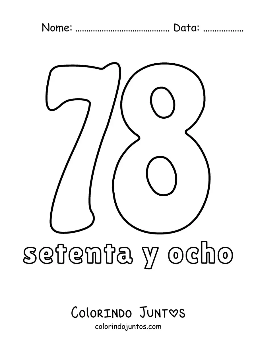 Desenho para colorir de ficha do número 78 para aprender os números naturais