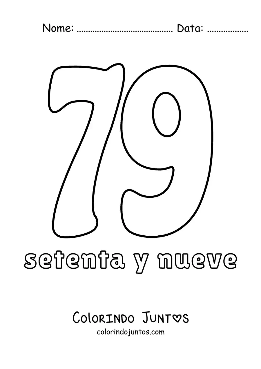 Desenho para colorir de ficha do número 79 para aprender os números naturais