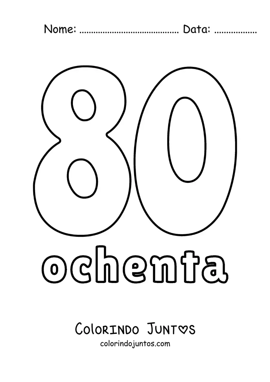 Desenho para colorir de ficha do número 80 para aprender os números naturais