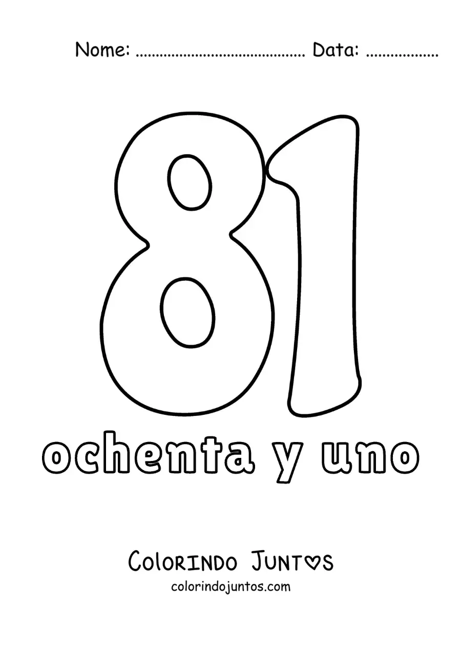 Desenho para colorir de ficha do número 81 para aprender os números naturais