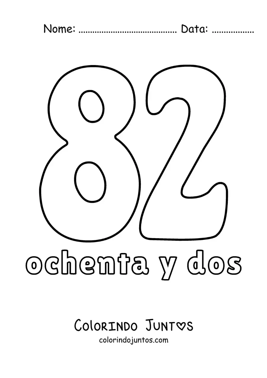 Desenho para colorir de ficha do número 82 para aprender os números naturais