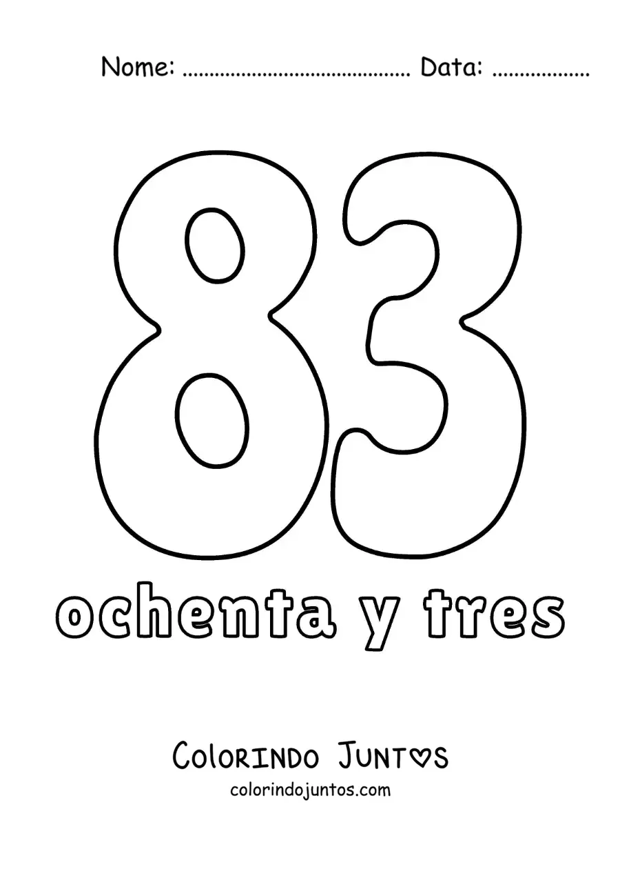 Desenho para colorir de ficha do número 83 para aprender os números naturais