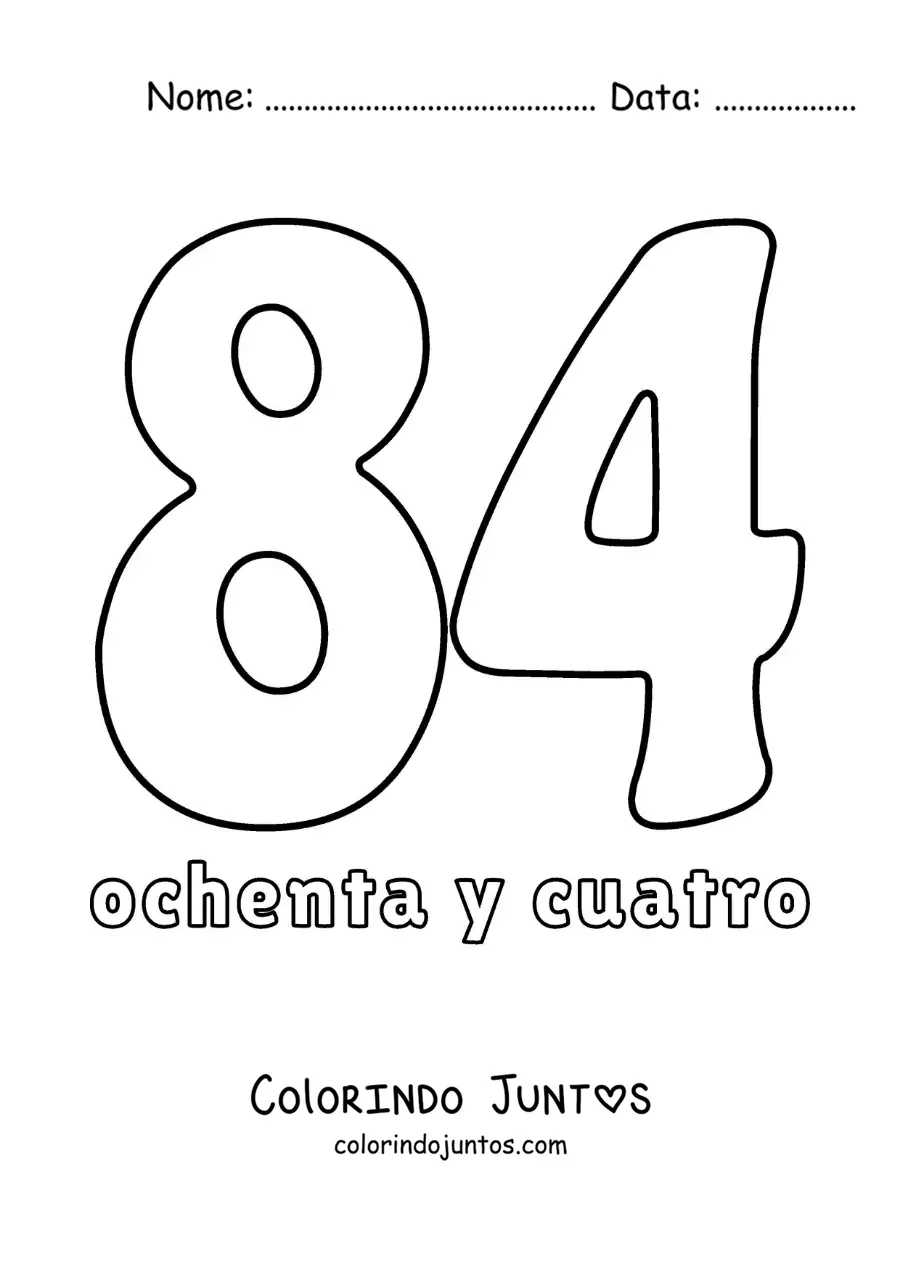 Desenho para colorir de ficha do número 84 para aprender os números naturais