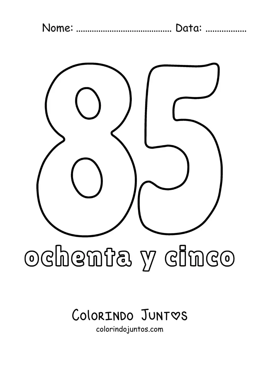 Desenho para colorir de ficha do número 85 para aprender os números naturais