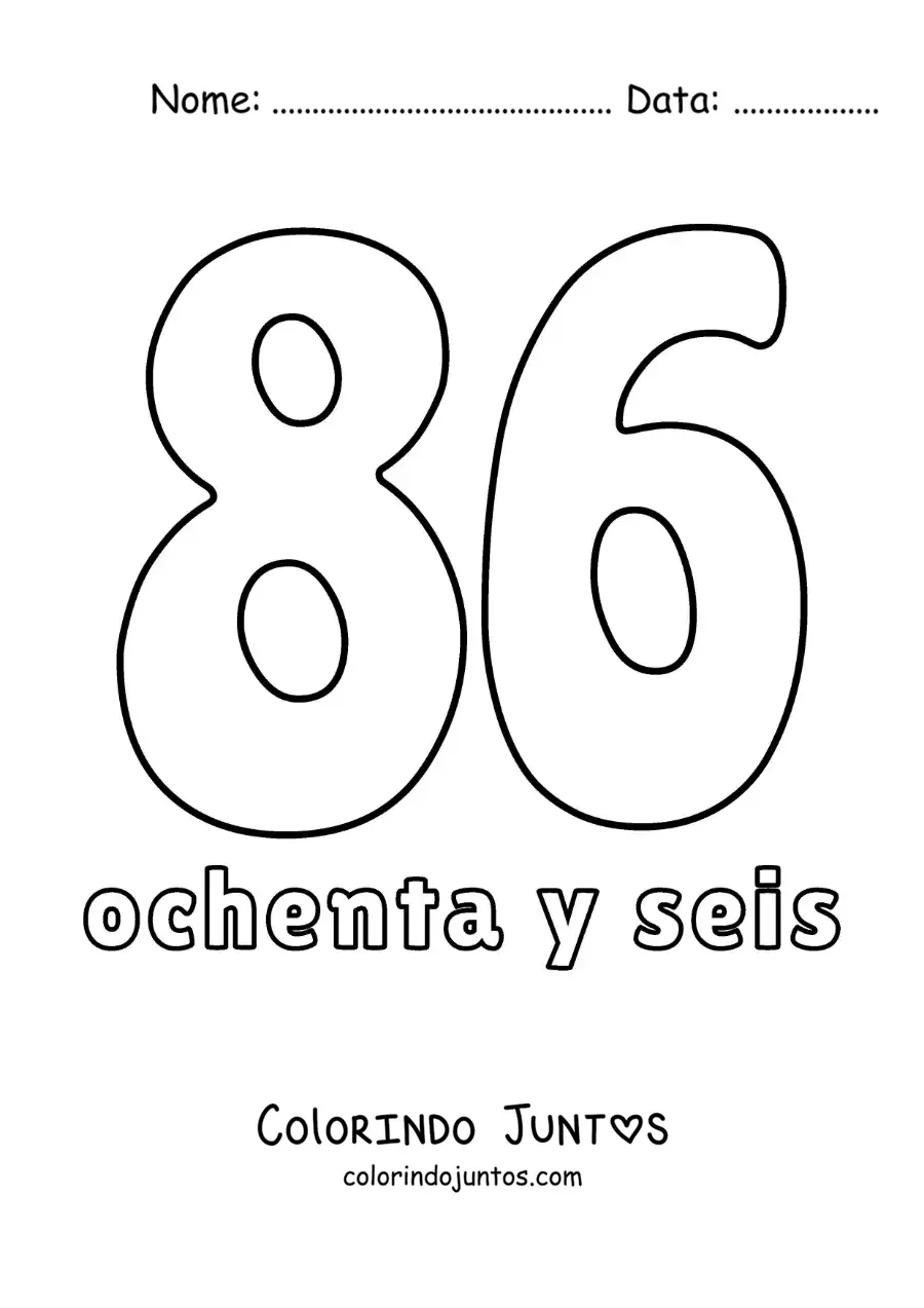 Desenho para colorir de ficha do número 86 para aprender os números naturais