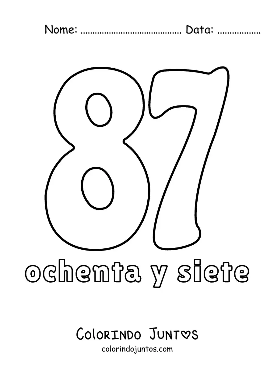 Desenho para colorir de ficha do número 87 para aprender os números naturais