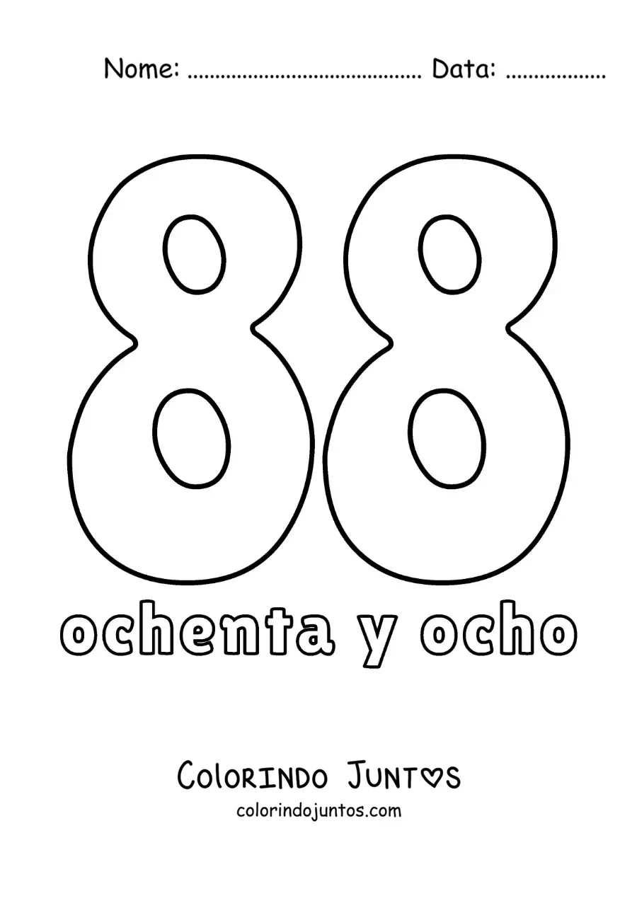 Desenho para colorir de ficha do número 88 para aprender os números naturais