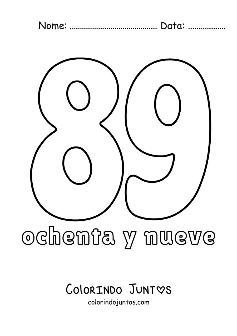 Desenho para colorir de ficha do número 89 para aprender os números naturais