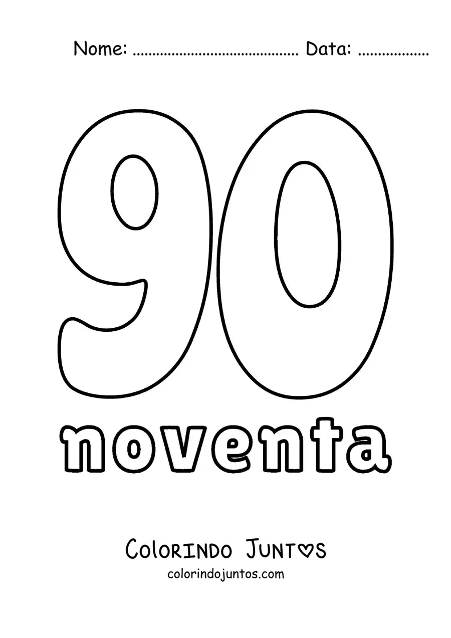 Desenho para colorir de ficha do número 90 para aprender os números naturais