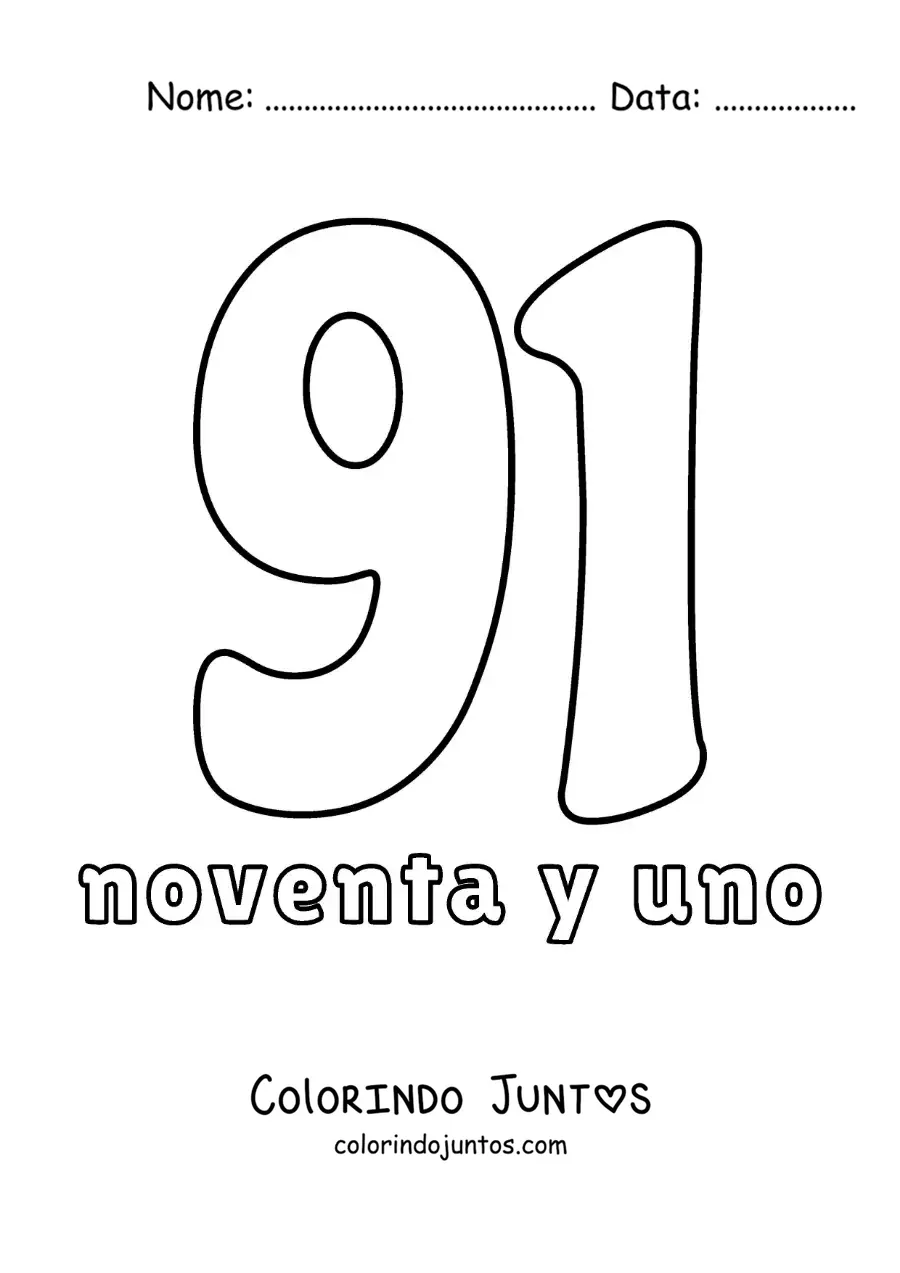 Desenho para colorir de ficha do número 91 para aprender os números naturais