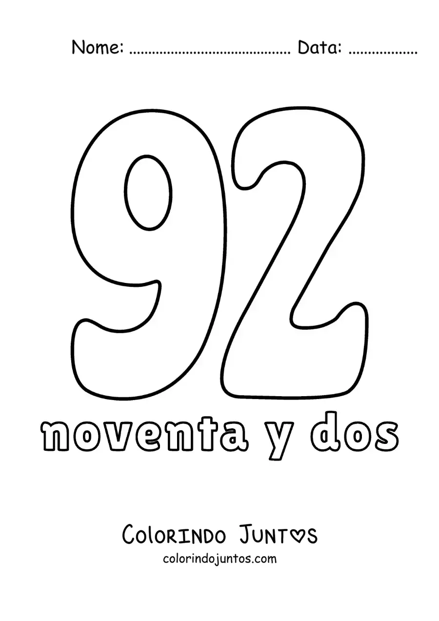 Desenho para colorir de ficha do número 92 para aprender os números naturais