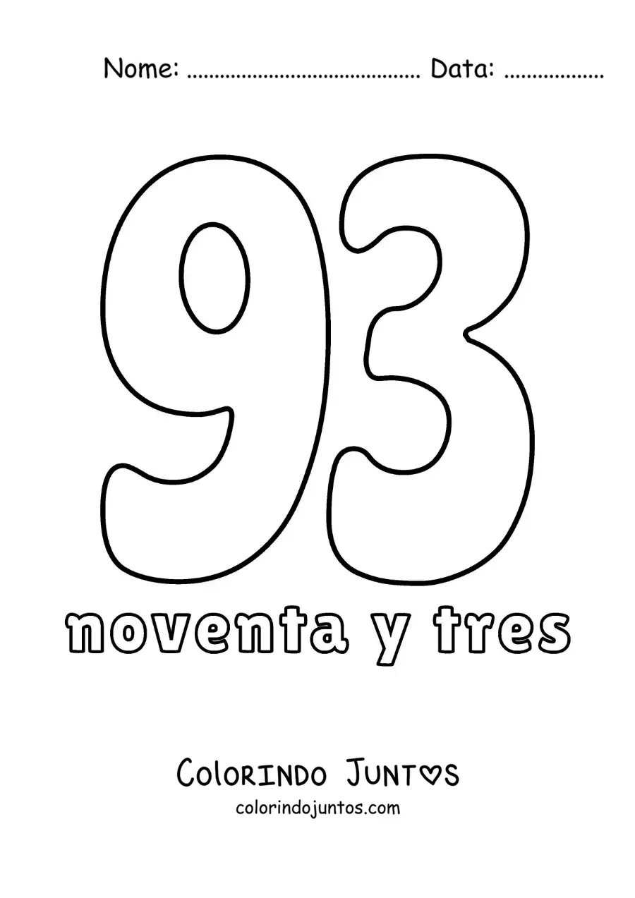 Desenho para colorir de ficha do número 93 para aprender os números naturais