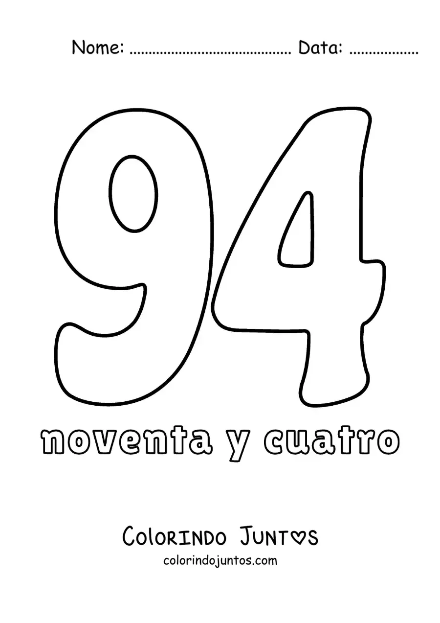 Desenho para colorir de ficha do número 94 para aprender os números naturais