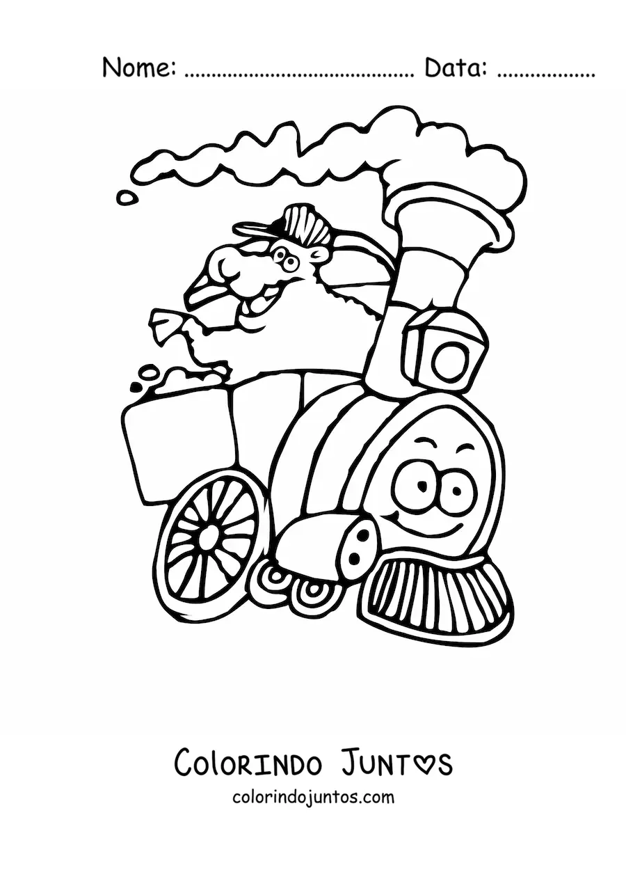 Desenho para colorir de uma ovelha animada em um trem