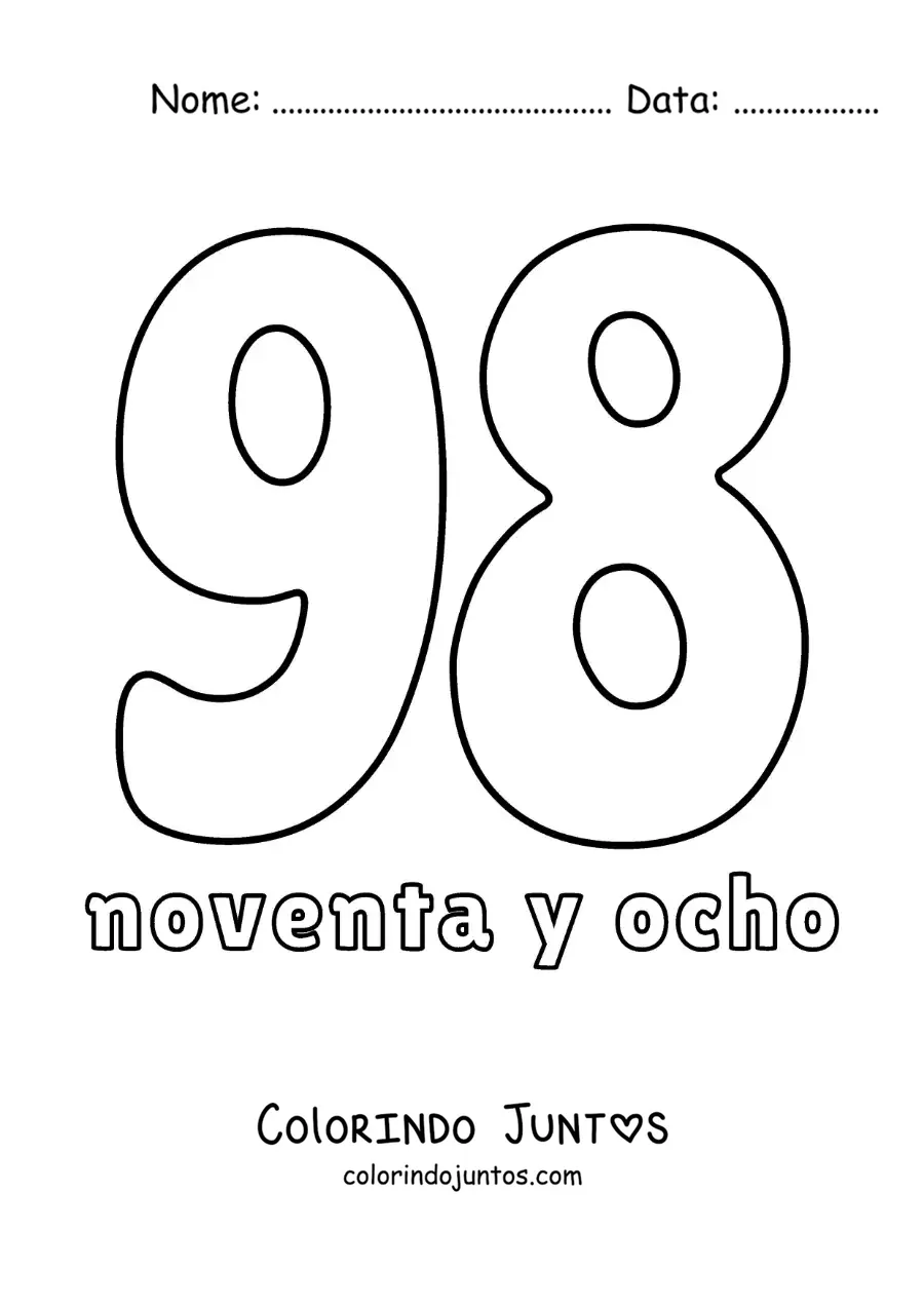 Desenho para colorir de ficha do 98 para aprender os números naturais
