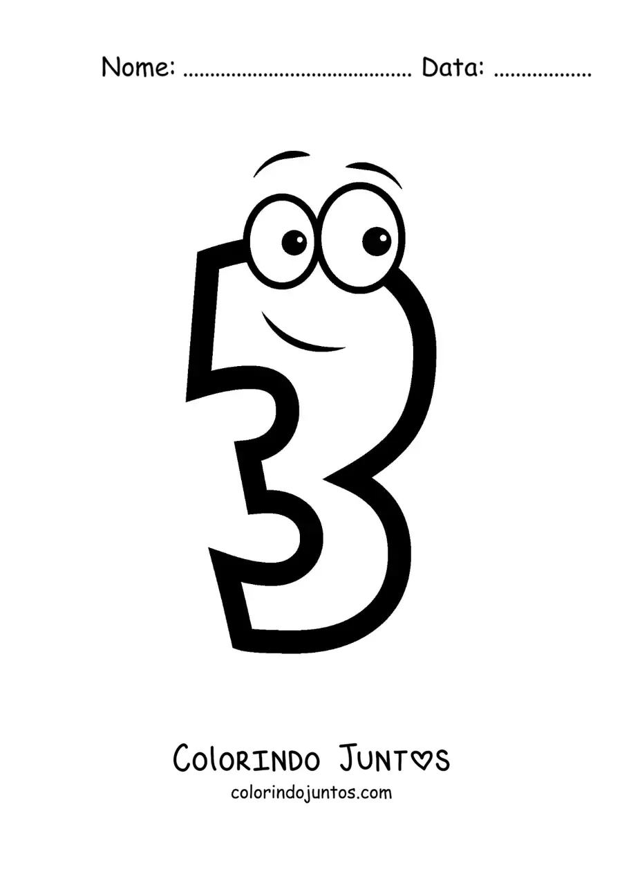 Desenho para colorir do número 3 animado para crianças