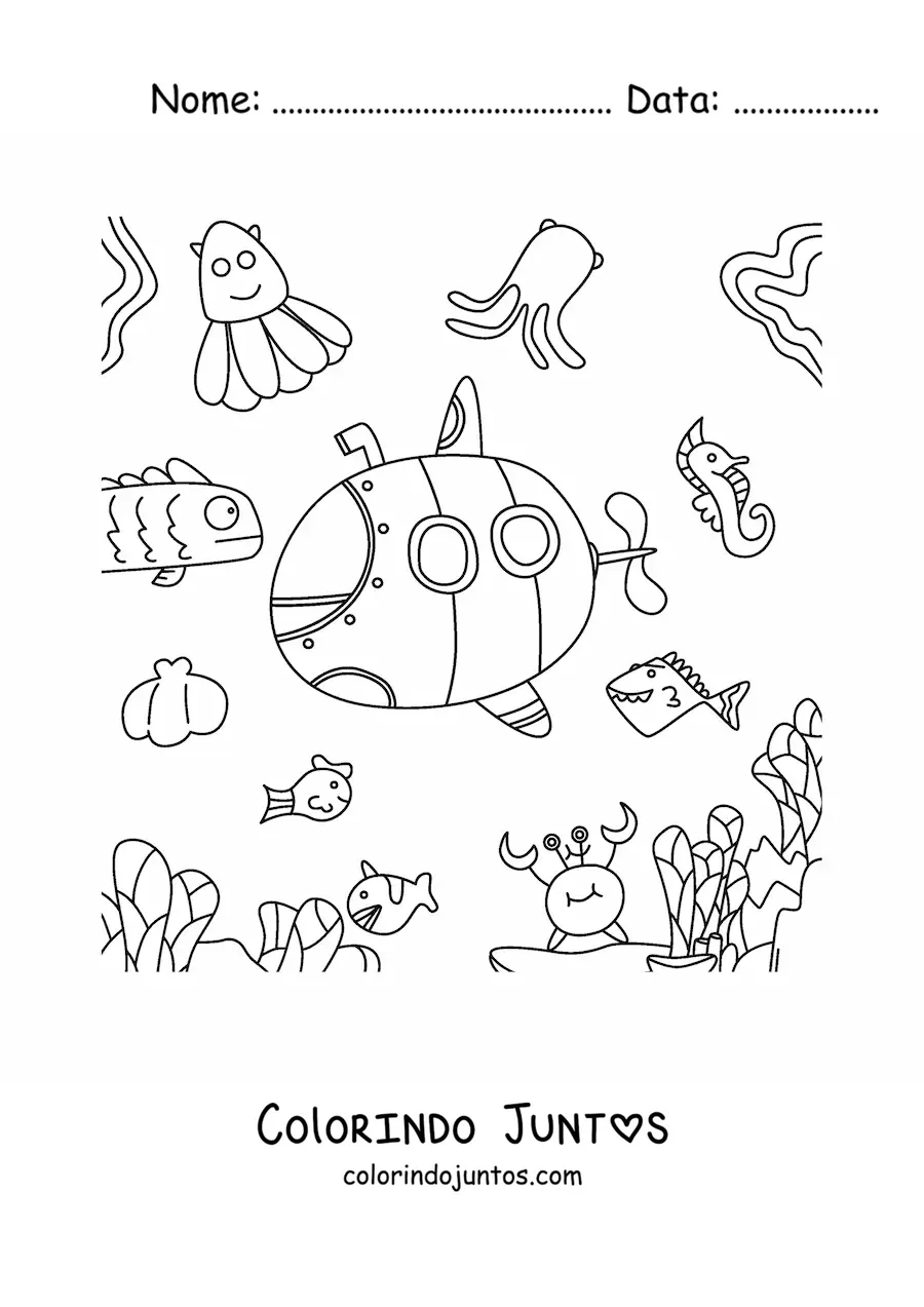 Desenho para colorir de um submarino cercado de peixes animados