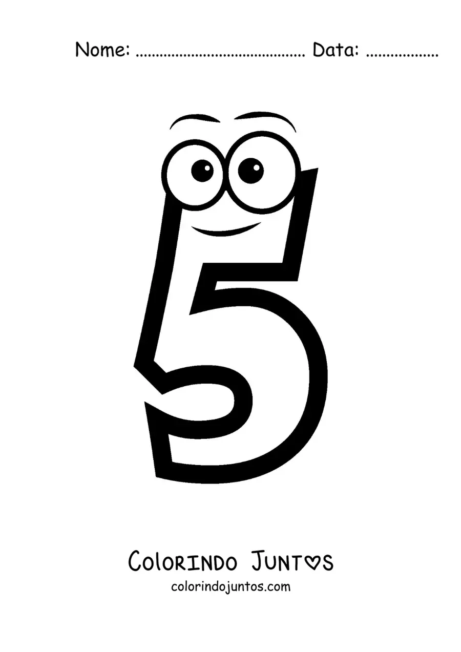 Desenho para colorir do número 5 animado para crianças