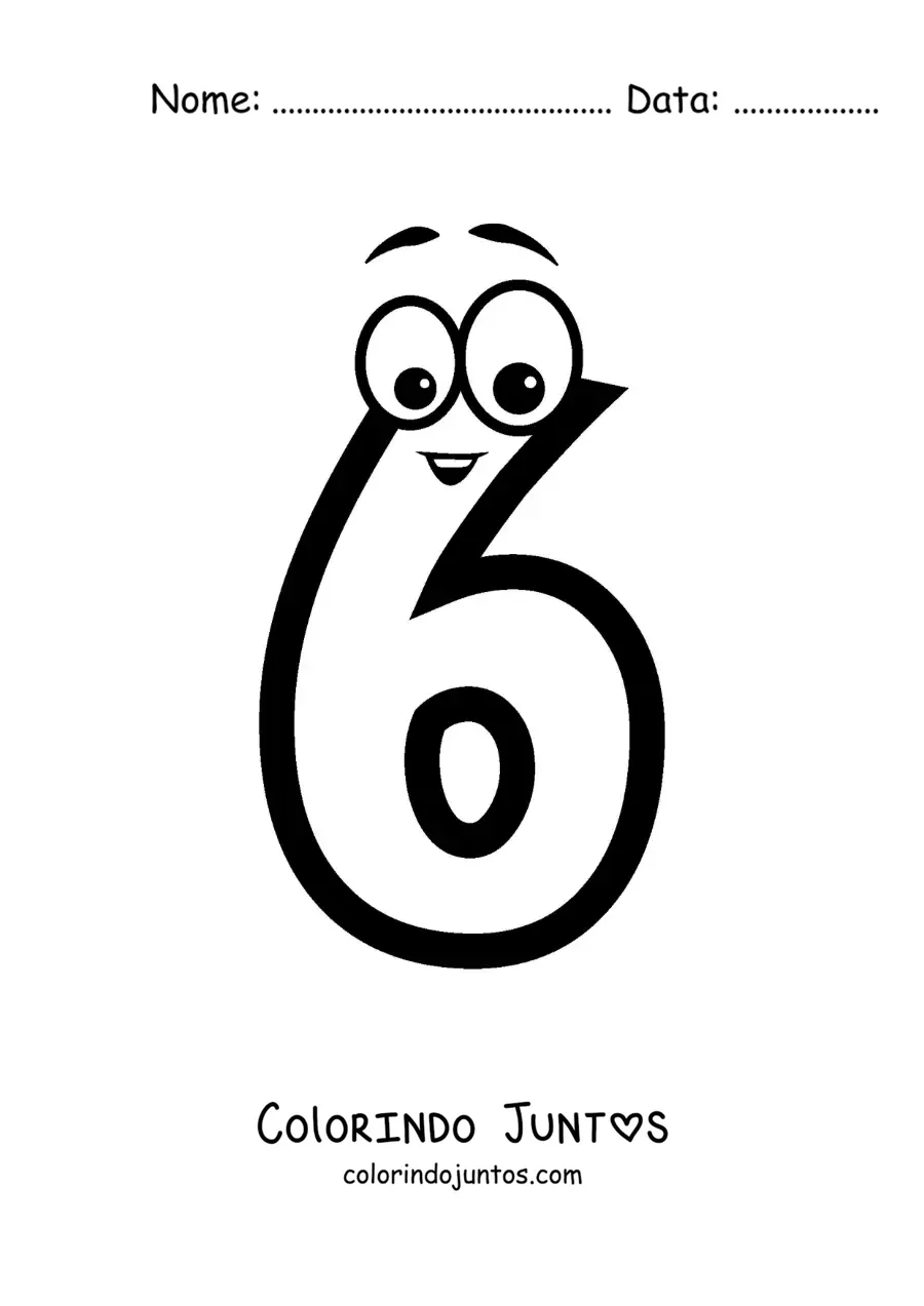 Desenho para colorir do número 6 animado para crianças