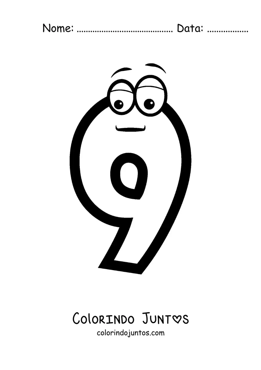 Desenho para colorir do número 9 animado para crianças