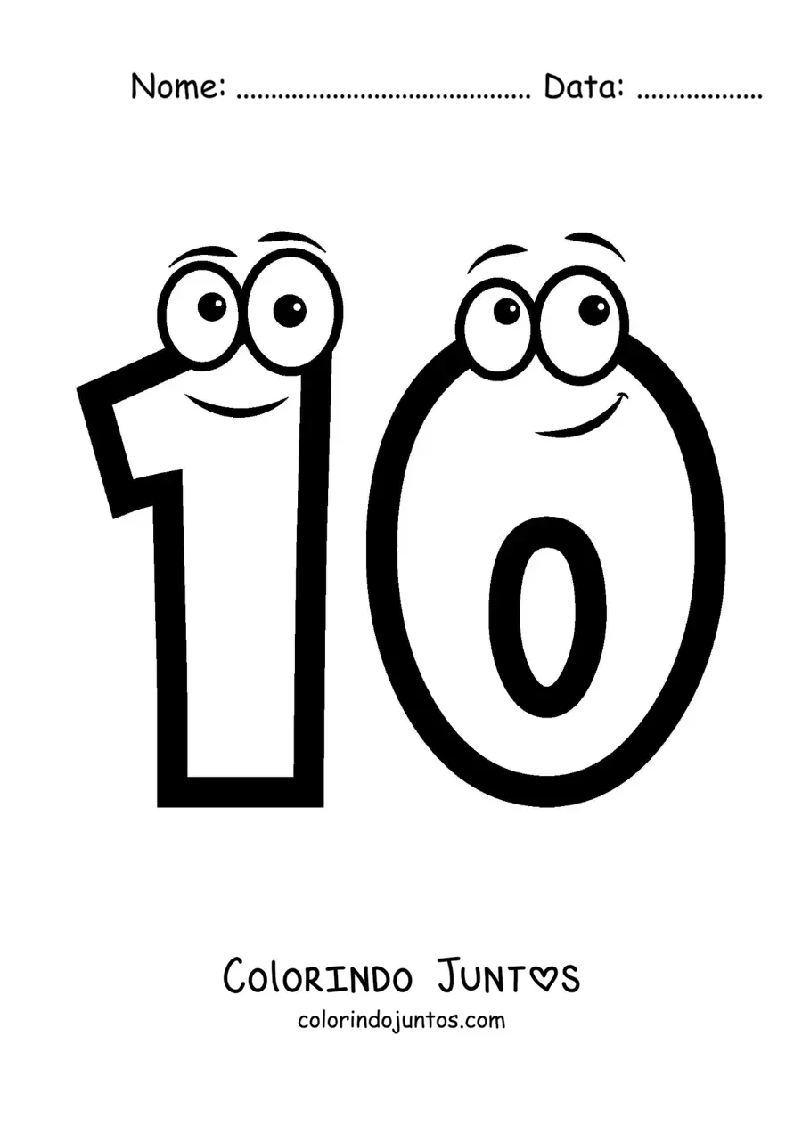Desenho para colorir do número 10 animado para crianças