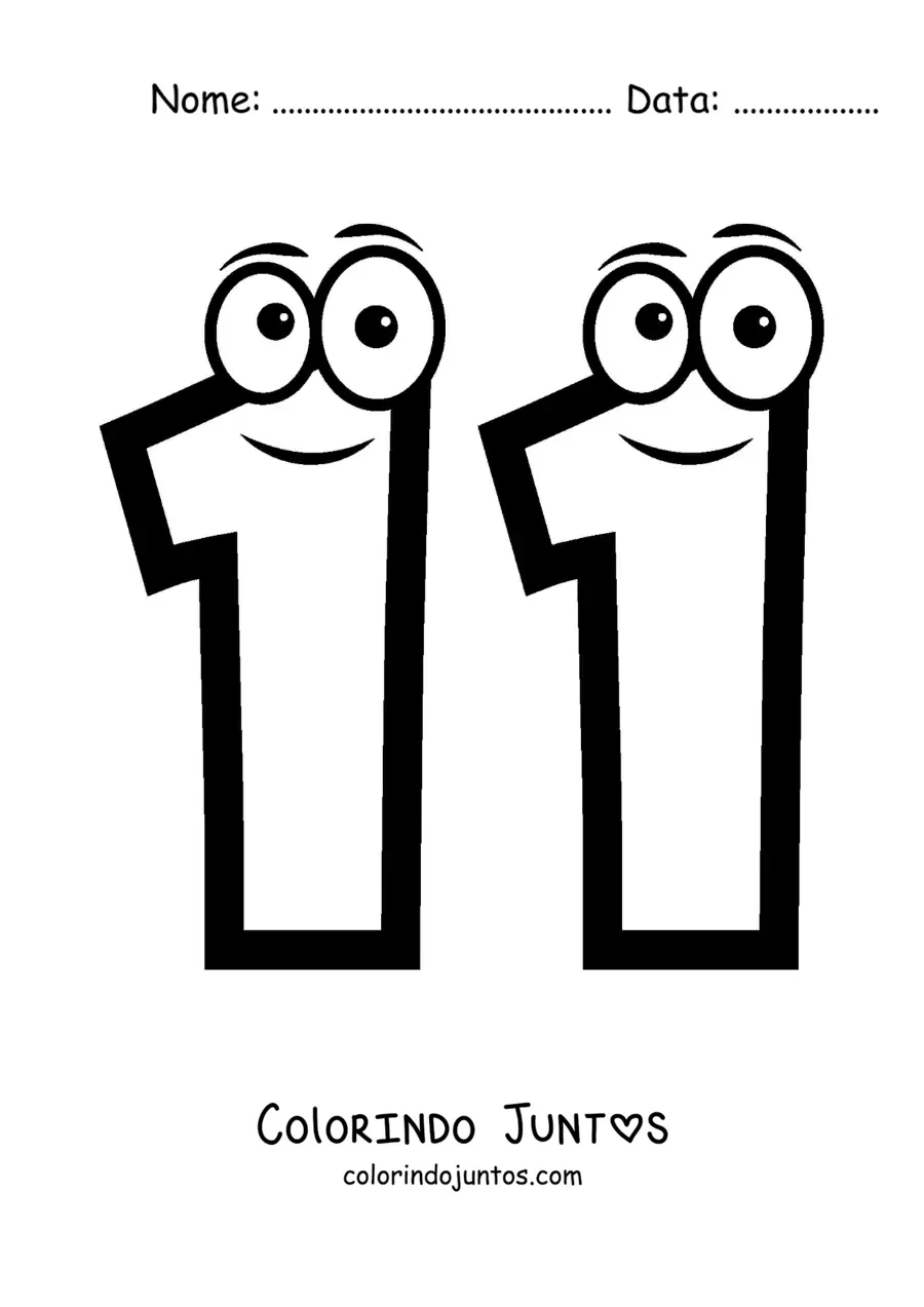 Desenho para colorir do número 11 animado para crianças