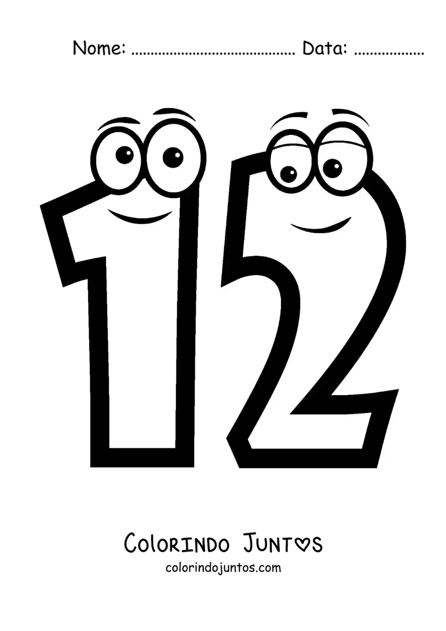 Desenho para colorir do número 12 animado para crianças