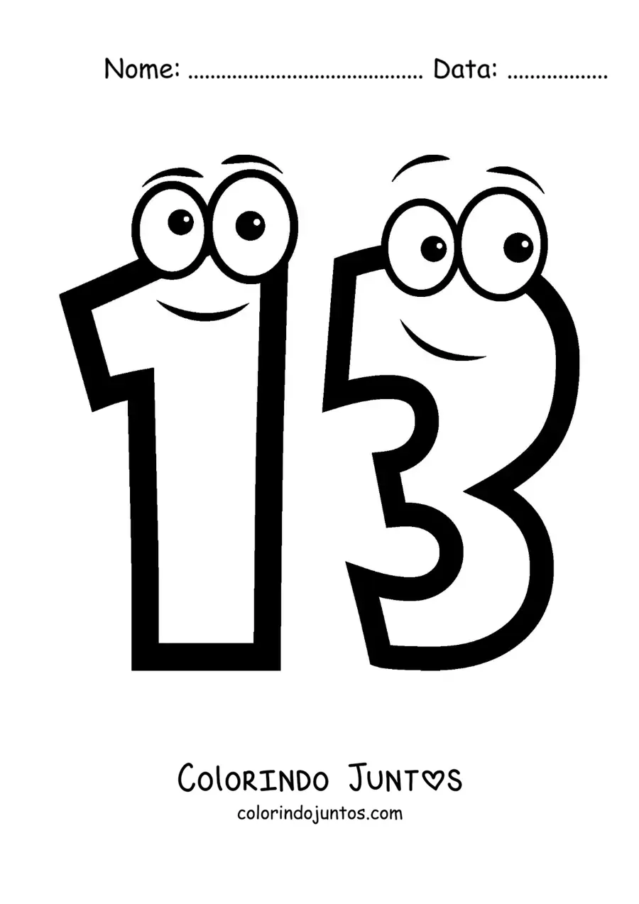 Desenho para colorir do número 13 animado para crianças