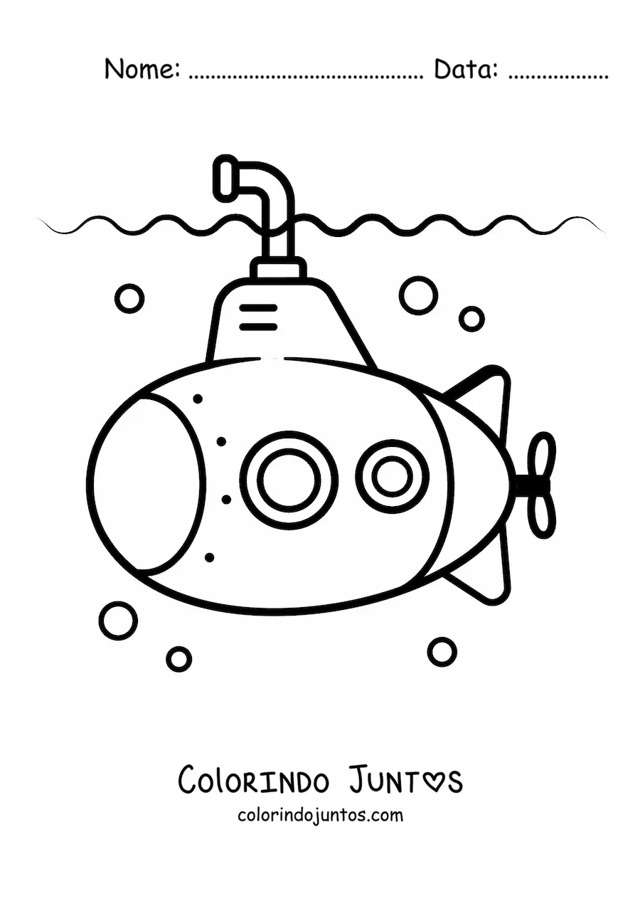Desenho para colorir de um submarino debaixo d'agua em estilo desenho animado