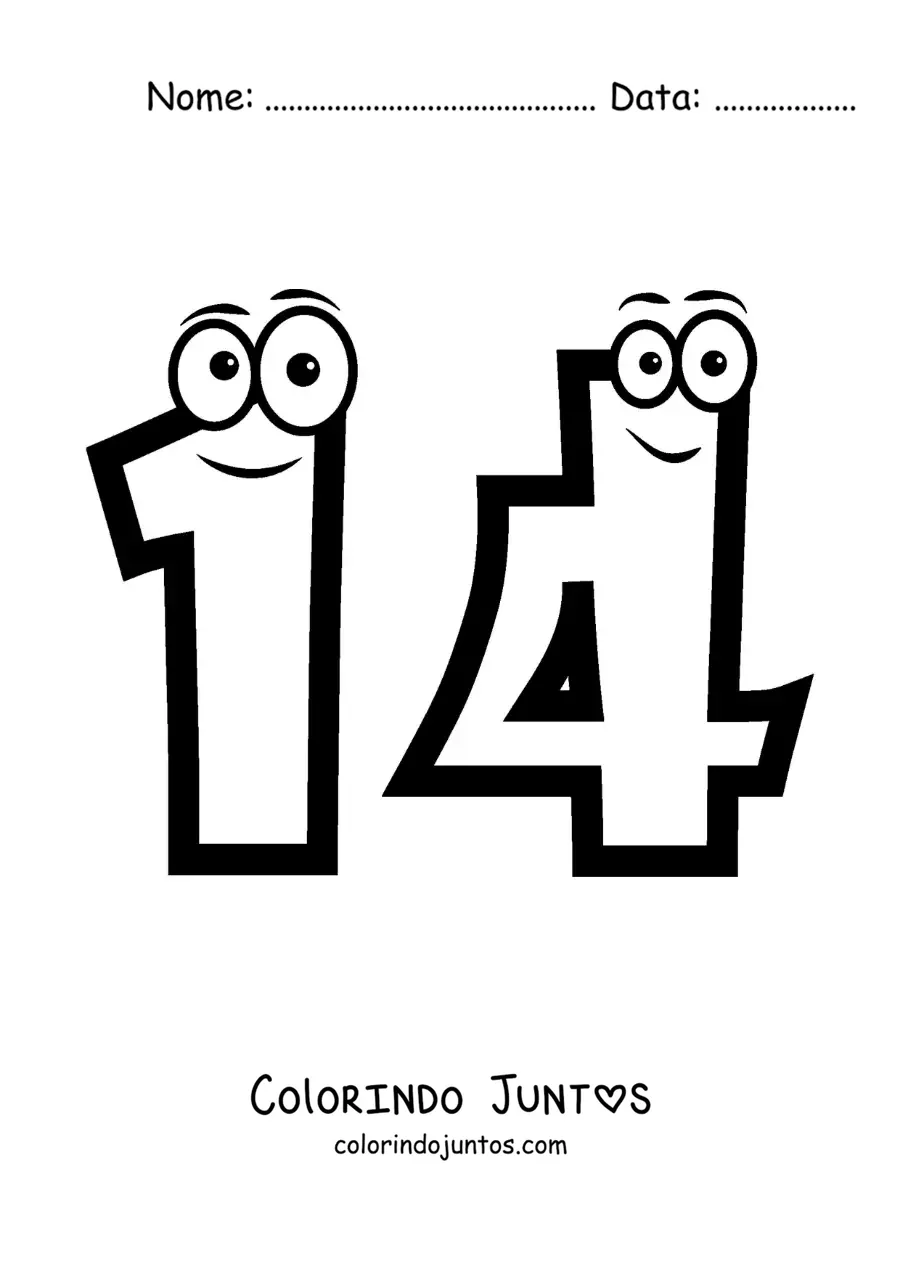 Desenho para colorir do número 14 animado para crianças