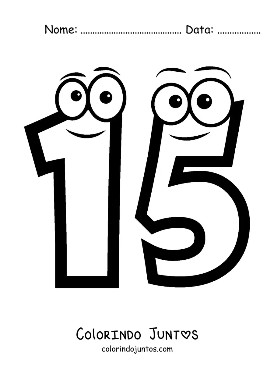 Desenho para colorir do número 15 animado para crianças